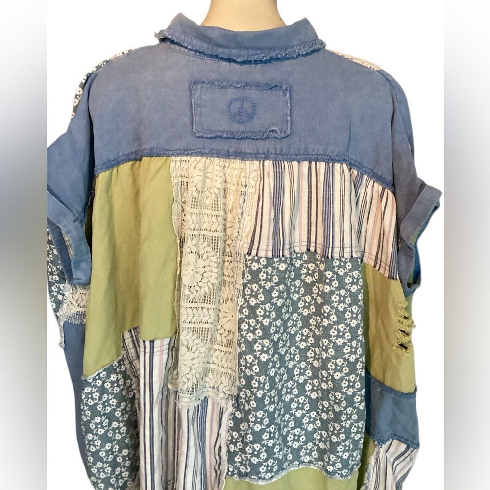Blue Velvet Patchwork Button Down Bat-Wing Tunic/Shirt Sz S/M - Picture 5 of 10
